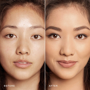  Split image of a woman's face showing a "before" and "after" makeup transformation. The left side shows her natural look with bare skin, while the right side displays her with full makeup, including Jouer Cosmetics Essential Crème Foundation, eyeliner, eyebrows, and lipstick—all cruelty-free products for a responsible beauty regime.