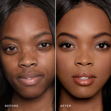  Side-by-side photos of a woman before and after makeup application. In the "before" image, she appears without makeup, and in the "after" image she has smooth, even-toned skin achieved with Essential Crème Foundation by Jouer Cosmetics, enhanced eyes, and glossy lips, all using cruelty-free products. The lighting is consistent in both images.