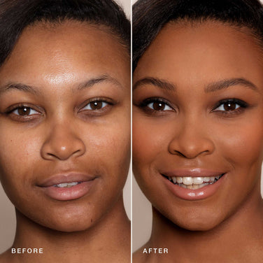  Side-by-side comparison of a woman's face before and after applying makeup. The left image features her natural, makeup-free look, while the right image showcases her with a full glam makeup look using Jouer Cosmetics’ Essential Crème Foundation, along with eye makeup and lipstick. All products used are cruelty-free, highlighting a polished appearance.
