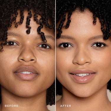  A side-by-side comparison of a person's face before and after makeup. The "before" image shows the person with a natural look, while the "after" image showcases them with Jouer Cosmetics Essential Crème Foundation, enhancing their features with smooth even-toned skin and glossy lips, using cruelty-free products.