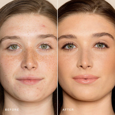  Side-by-side comparison image of a woman's face showing a "before" and "after" skincare or makeup transformation. Left image: Some redness, freckles, and mild acne. Right image: Clear, even-toned skin with minimal freckles and subtle makeup using Jouer Cosmetics' Essential Crème Foundation, a cruelty-free product.