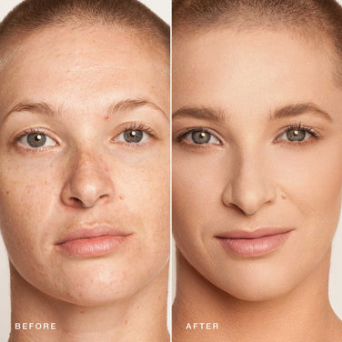  Side-by-side close-up photos of a person with short hair. The left image shows the person with clear skin and natural appearance, including some red spots. The right image shows the same person with smoother skin, uniform complexion, and makeup applied using Jouer Cosmetics' gluten-free and cruelty-free Essential Crème Foundation. Text reads "BEFORE" on the left and "AFTER" on the right.