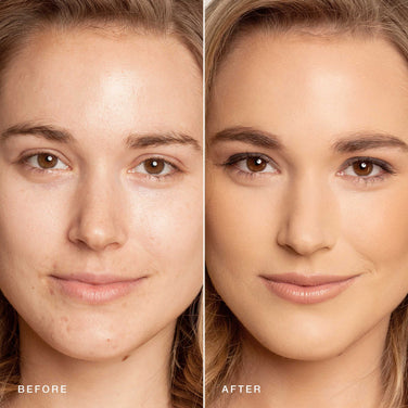  Side-by-side comparison of a woman's face showing a "before" and "after" effect. The "before" image displays her with a bare face, while the "after" image features smooth, even-toned skin and enhanced makeup achieved using Jouer Cosmetics' Essential Crème Foundation, known for its cruelty-free formula.