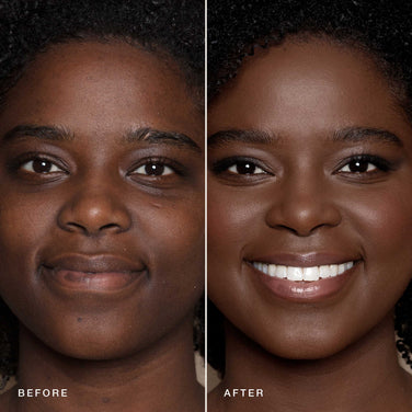  Side-by-side comparison of a person showing the effects of skincare or makeup featuring Jouer Cosmetics' Essential Crème Foundation. The left side is labeled "BEFORE" with bare skin, and the right side is labeled "AFTER," displaying smoother, even-toned skin with enhanced features and a bright smile using this cruelty-free product.