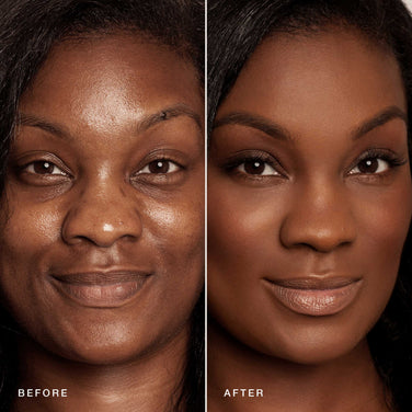 Side-by-side comparison images of a woman's face. The left image is labeled "BEFORE," showing her makeup-free face with visible pores and matte skin. The right image is labeled "AFTER," showcasing her with Jouer Cosmetics' Essential Crème Foundation, highlighting her smooth skin, enhanced eyes, and fuller lips.