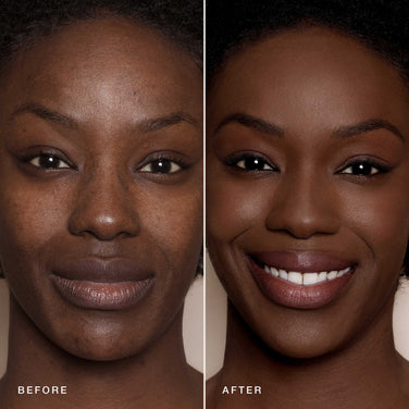 Side-by-side images of a person before and after using Jouer Cosmetics' Essential Crème Foundation. The "before" image shows uneven skin tone and texture, while the "after" image reveals a smoother, more even complexion with a brighter appearance and a smile. The results showcase the power of cruelty-free products.