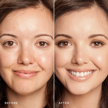  A side-by-side photo comparison. The left image, labeled "Before," shows a woman with a natural look, while the right image, labeled "After," shows the same woman with makeup applied using Jouer Cosmetics' Essential Crème Foundation and eye makeup, showcasing a bright smile—all with cruelty-free products.