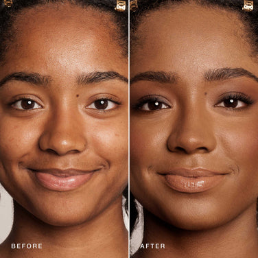  Side-by-side comparison of a woman's face before and after applying makeup. On the left (before), her skin is bare, with some natural texture and shine. On the right (after), her skin appears smoother with a matte finish, showcasing her full makeup achieved using Jouer Cosmetics' Essential Crème Foundation, which is paraben-free and cruelty-free.