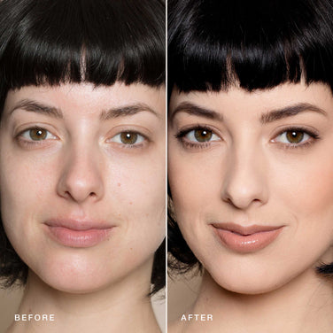  A side-by-side comparison image labeled "Before" and "After" shows a woman with short dark hair. The "Before" image depicts her with natural skin, while the "After" image highlights her wearing Jouer Cosmetics' Essential Crème Foundation, along with cruelty-free eyeliner, mascara, and lipstick.