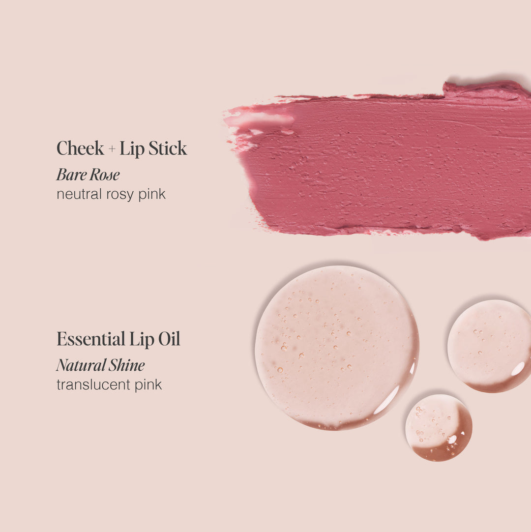 Image displaying a swatch of Jouer Cosmetics' Blush & Bisous in "Bare Rose," a neutral rosy pink shade, alongside swatches of Essential Lip Oil in "Natural Shine," a translucent pink shade. These cruelty-free and paraben-free color swatches are presented against a light beige background.