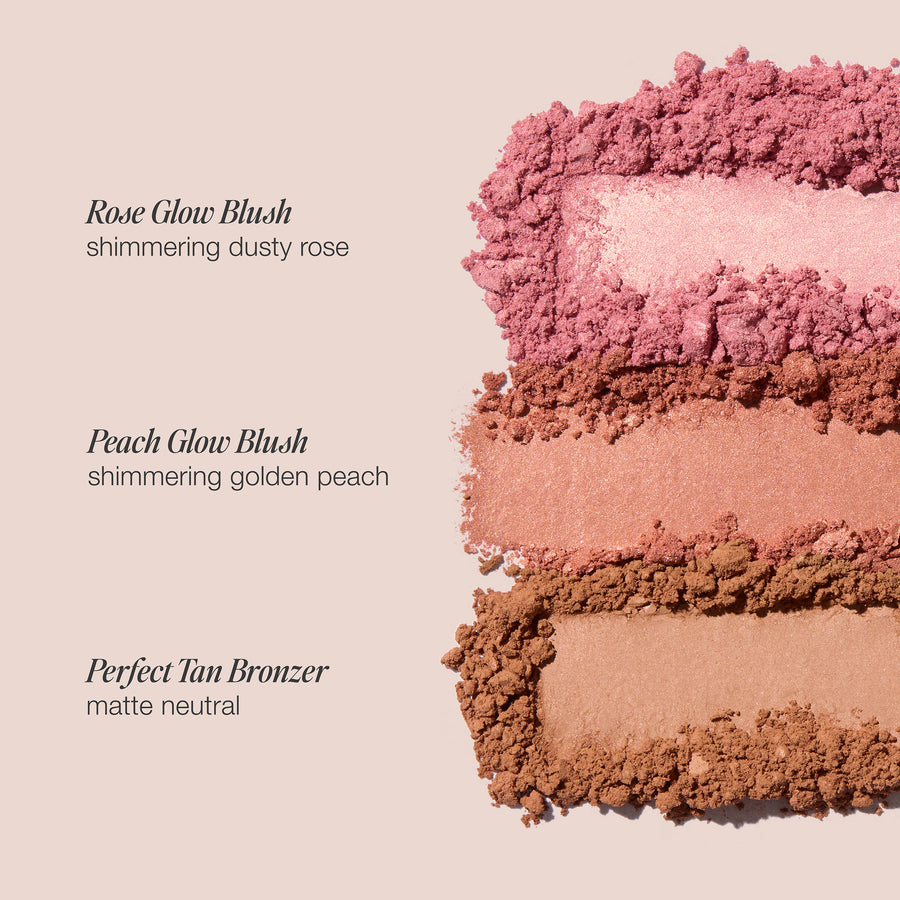 Swatches of the Ready to Wear blush and bronzer palette showing three shades: Rose Glow (shimmering dusty rose), Peach Glow (shimmering golden peach), and Perfect Tan (matte neutral bronzer) on a soft nude background.