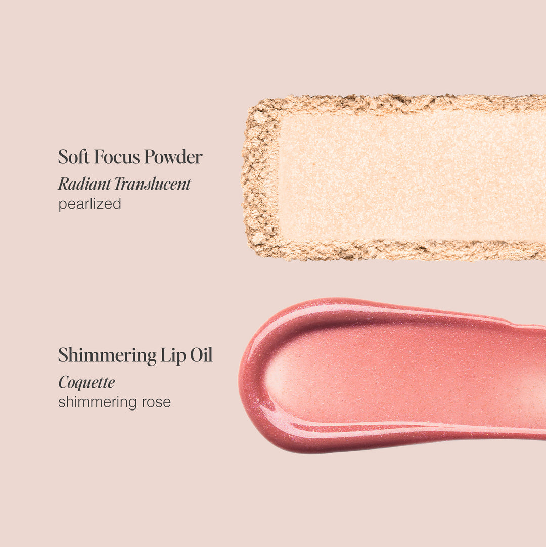 A beige background features two cosmetic products. At the top is a strip of Radiant Translucent Powder, described as pearlized and cruelty-free. Below it is a swipe of Shimmering Lip Oil in Coquette, described as shimmering rose. Both products are from Jouer Cosmetics' Radiant Rose collection.