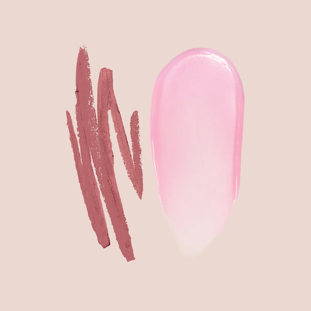 Pink lip kit with creamy rose lip liner and glossy pink balm swatch for a soft, romantic lip look.