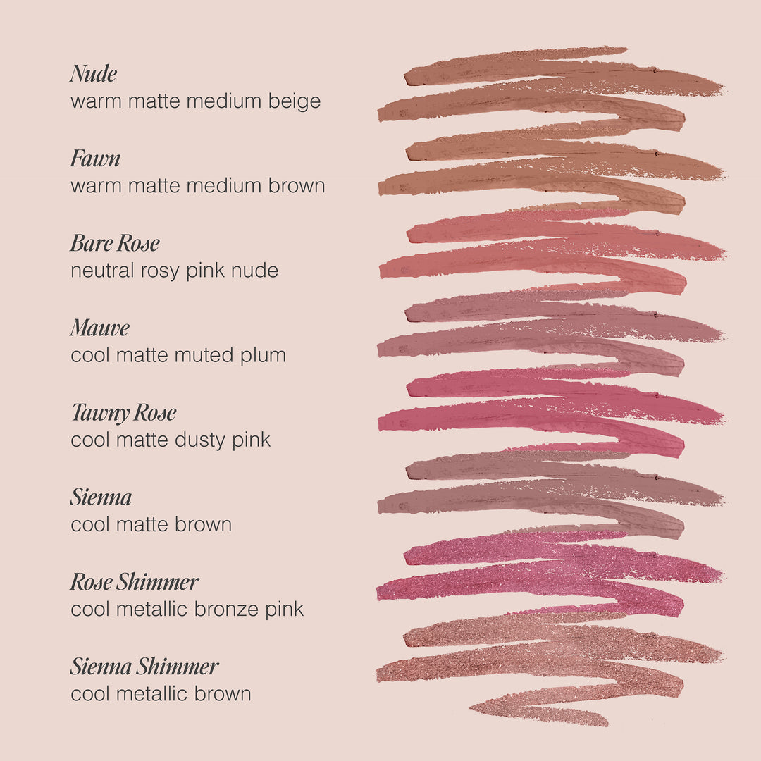 A chart from Jouer Cosmetics' On-The-Go Set, showcasing various lipstick shades along with their names and color swatches. The collection includes a range of nude and brown tones to pinks and mauves, offering both matte and metallic finishes. All shades are cruelty-free. The lipstick names are: Nude, Fawn, Bare Rose, Mauve, Tawny Rose, Sienna, Rose Shimmer, and Sienna Shimmer.