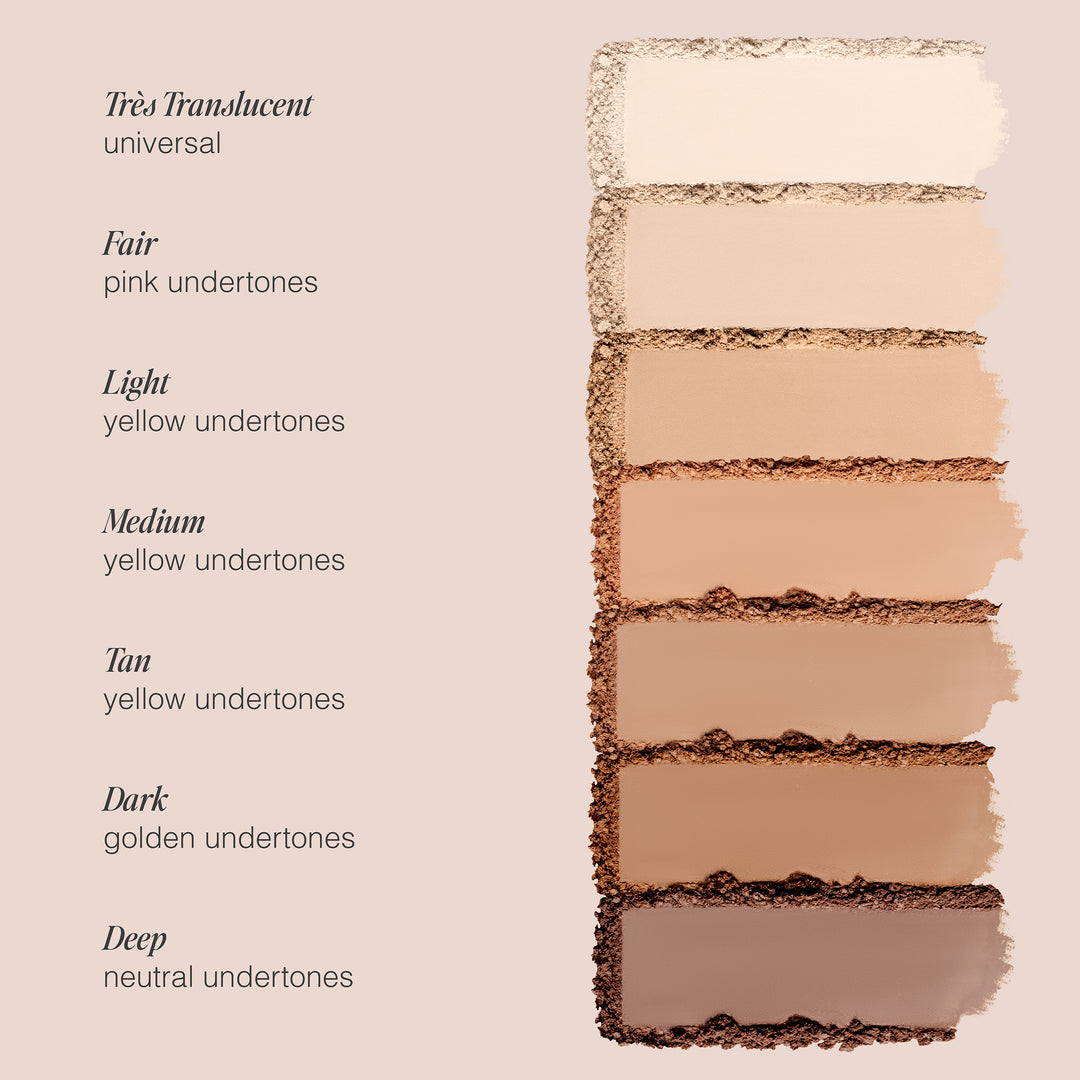 An image showcases a range of makeup shades from the On-The-Go Set by Jouer Cosmetics in eight swatches, labeled from top to bottom as Très Translucent (universal), Fair (pink undertones), Light (yellow undertones), Medium (yellow undertones), Tan (yellow undertones), Dark (golden undertones), and Deep (neutral undertones). Embrace clean beauty with these cruelty-free options.