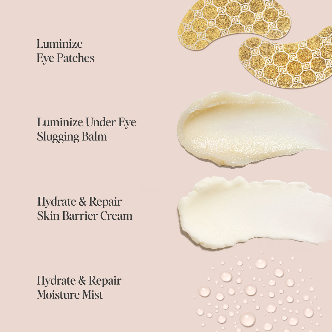 A flat lay image showcasing Jouer Cosmetics' Skincare Starter Set on a beige background. From top to bottom: two gold-patterned Luminize Eye Patches, a smear of Luminize Under Eye Slugging Balm, a smear of Hydrate & Repair Skin Barrier Cream, and droplets of Hydrate & Repair Moisture Mist.