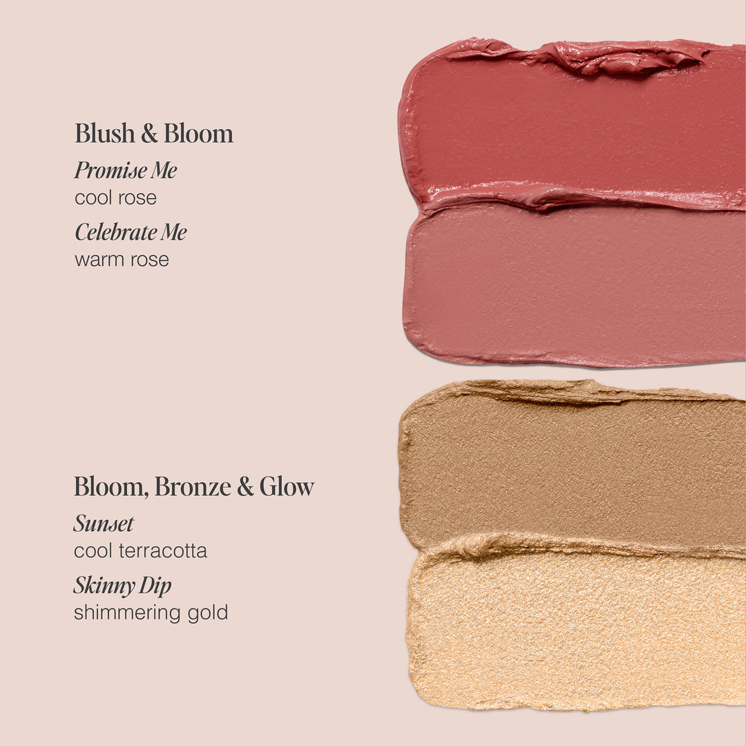 Image showcasing two sections of makeup swatches on a beige background. The "Le Cheek Set" by Jouer Cosmetics features the "Blush & Bloom Duo," which includes "Promise Me" (cool rose) and "Celebrate Me" (warm rose), and the "Bloom, Bronze & Glow Duo," featuring "Sunset" (cool terracotta) and "Skinny Dip" (shimmering gold). Cruelty-free formulation.