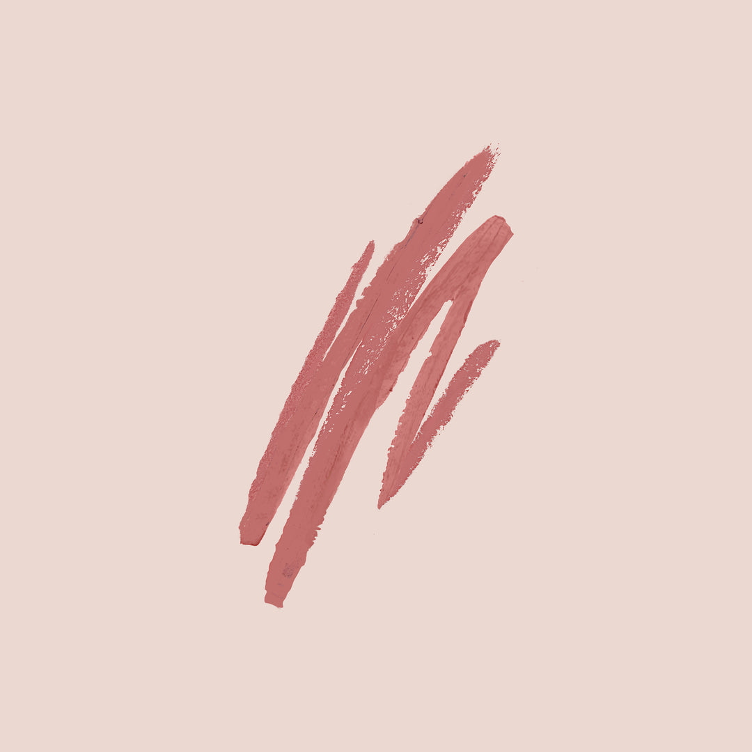 bare rose, A soft pink background showcases three bold and rough zigzag strokes in a muted rose color, resembling streaks or brush strokes. The lines vary in length and thickness, creating an abstract and dynamic pattern that evokes the paraben-free, cruelty-free artistic expression of Jouer Cosmetics' Lip Liner.