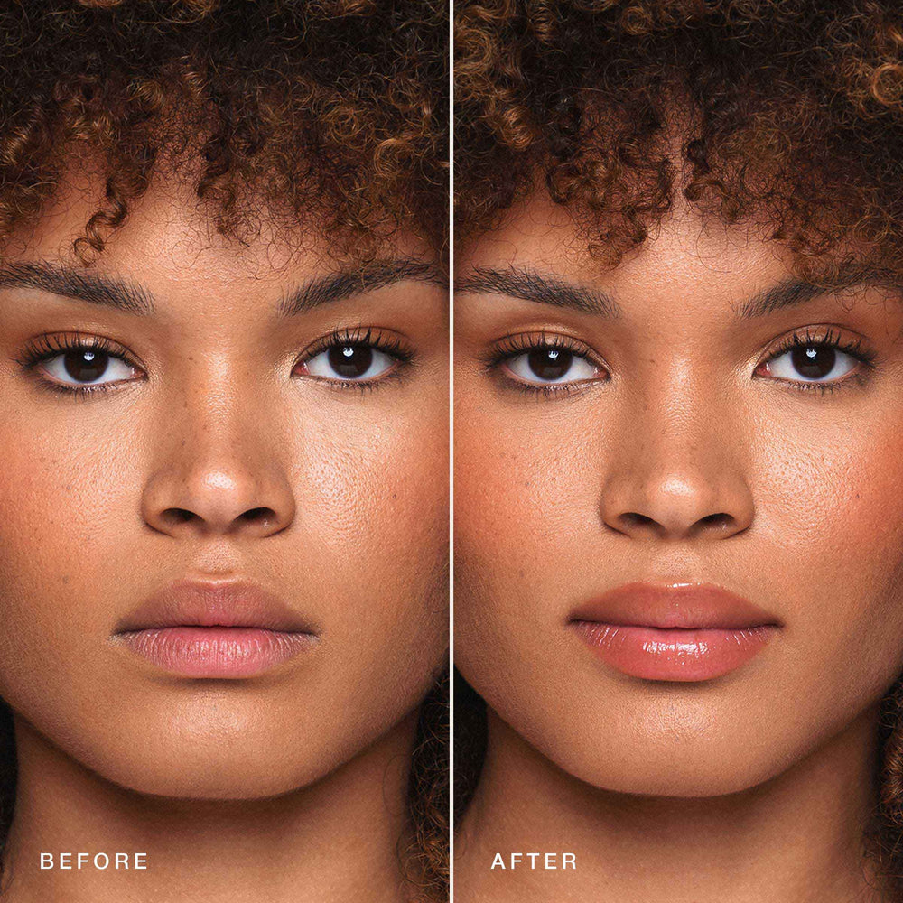  A side-by-side comparison of a woman's face labeled "before" and "after." The "before" image shows her with a neutral expression and bare lips. The "after" image shows her with a slight smile and glossy, slightly pink lips, thanks to the Essential Lip Enhancer from Jouer Cosmetics. Both images highlight her clear skin.