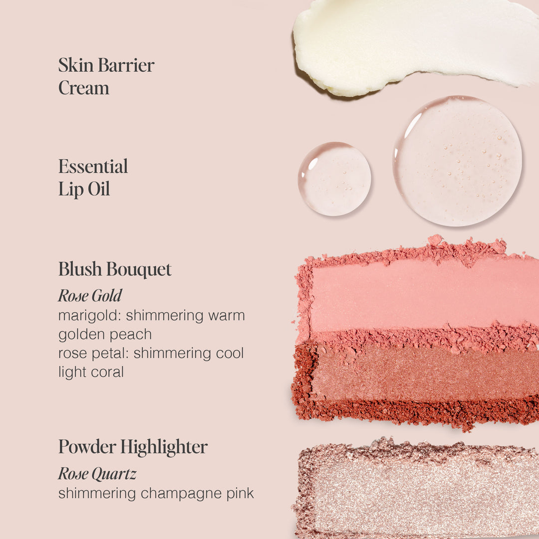 An image showcasing the Mini Travel Set by Jouer Cosmetics, featuring four distinct cosmetic products with descriptions. From top to bottom: Skin Barrier Cream with a creamy texture, Deluxe Mini Lip Oil in liquid form, Mini Blush Bouquet in shades of marigold, golden peach, rose petal, and light coral, and Rose Quartz Powder Highlighter.