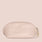 A compact, blush pink leather makeup bag with a zip closure and an elegant gold tag attached to the zipper pull. The dome-shaped makeup bag features a rounded top and flat base, paired against a coordinating pink background. Its travel-friendly design is enhanced by its soft buff leather-like material. This lovely piece is from Jouer Cosmetics' collection.