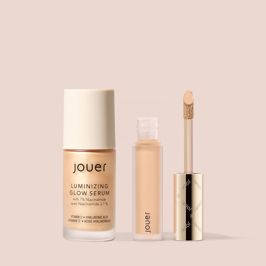 Jouer Skin Prep & Perfect Set with luminizing glow serum bottle and concealer tube with applicator