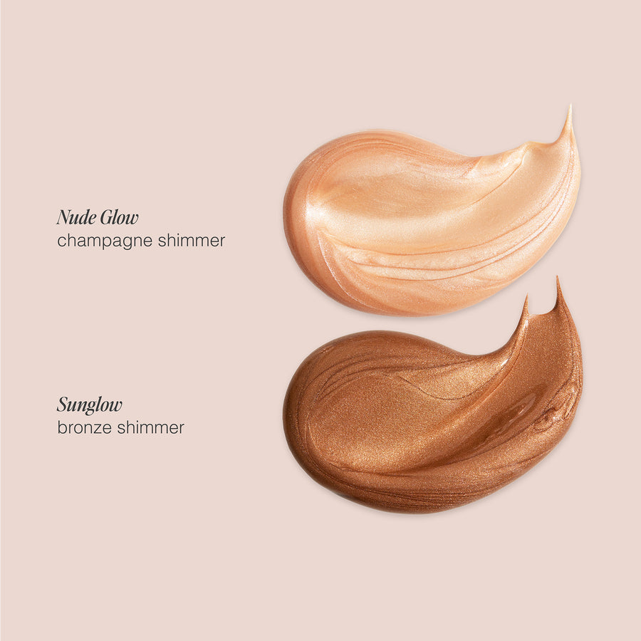 Two makeup primer swatches showing Nude Glow champagne shimmer and Sunglaze bronze shimmer finishes