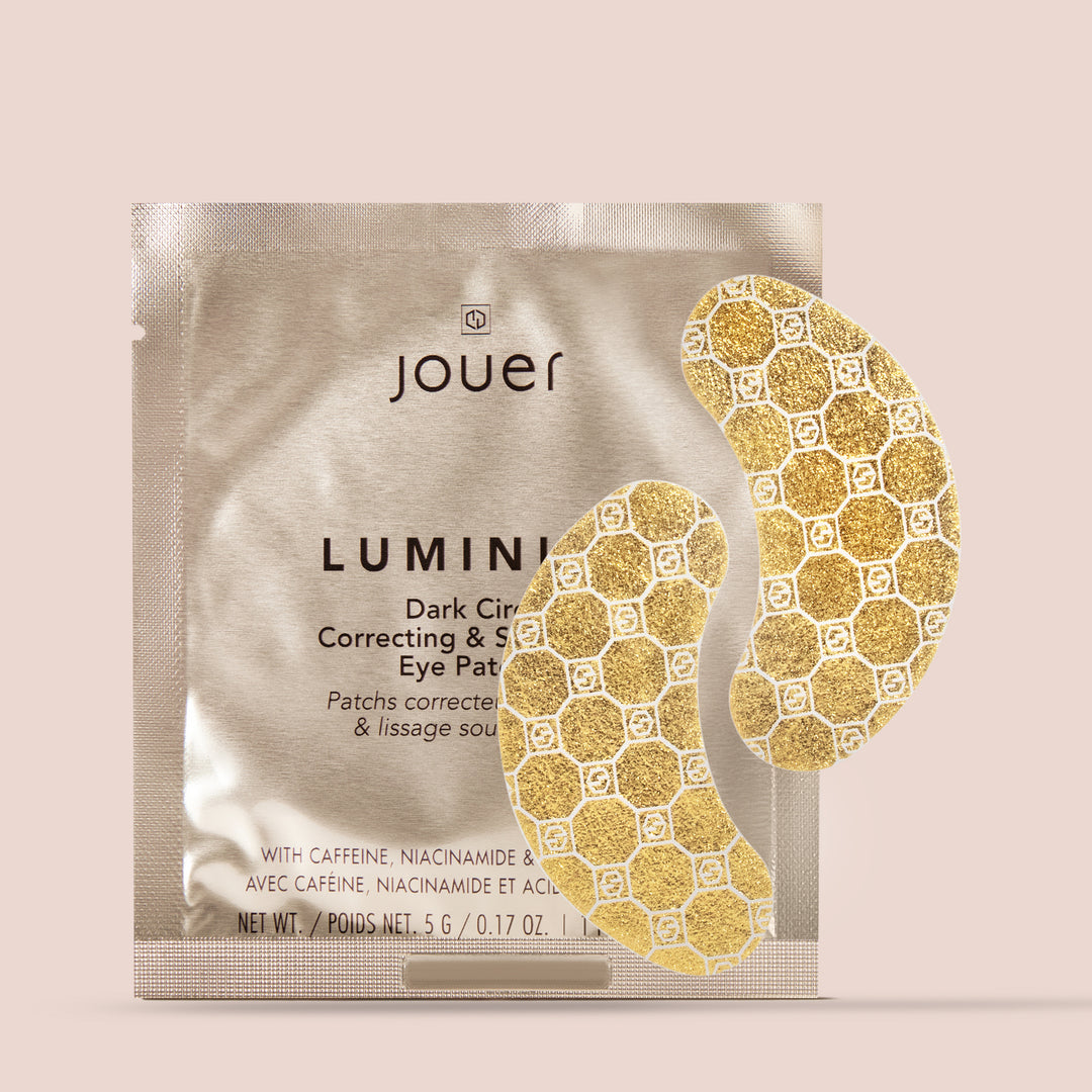 Best under eye patches for dark circles in gold foil shown with Jouer Luminize packaging designed to brighten and smooth.
