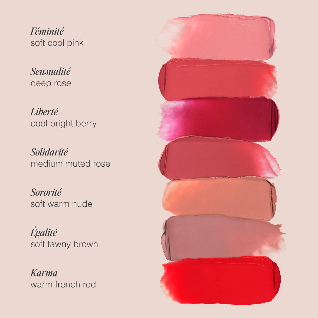 Balm Bouche lip balm swatches in seven French-named shades, ranging from soft cool pink to warm French red, displayed vertically with shade names and descriptions on the left.