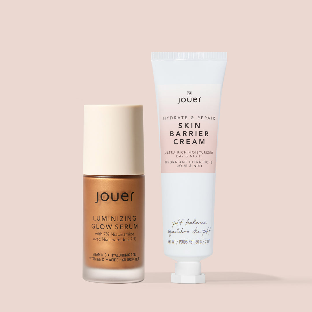 Barrier cream for face and face hyaluronic acid serum by Jouer shown together on a neutral pink background.