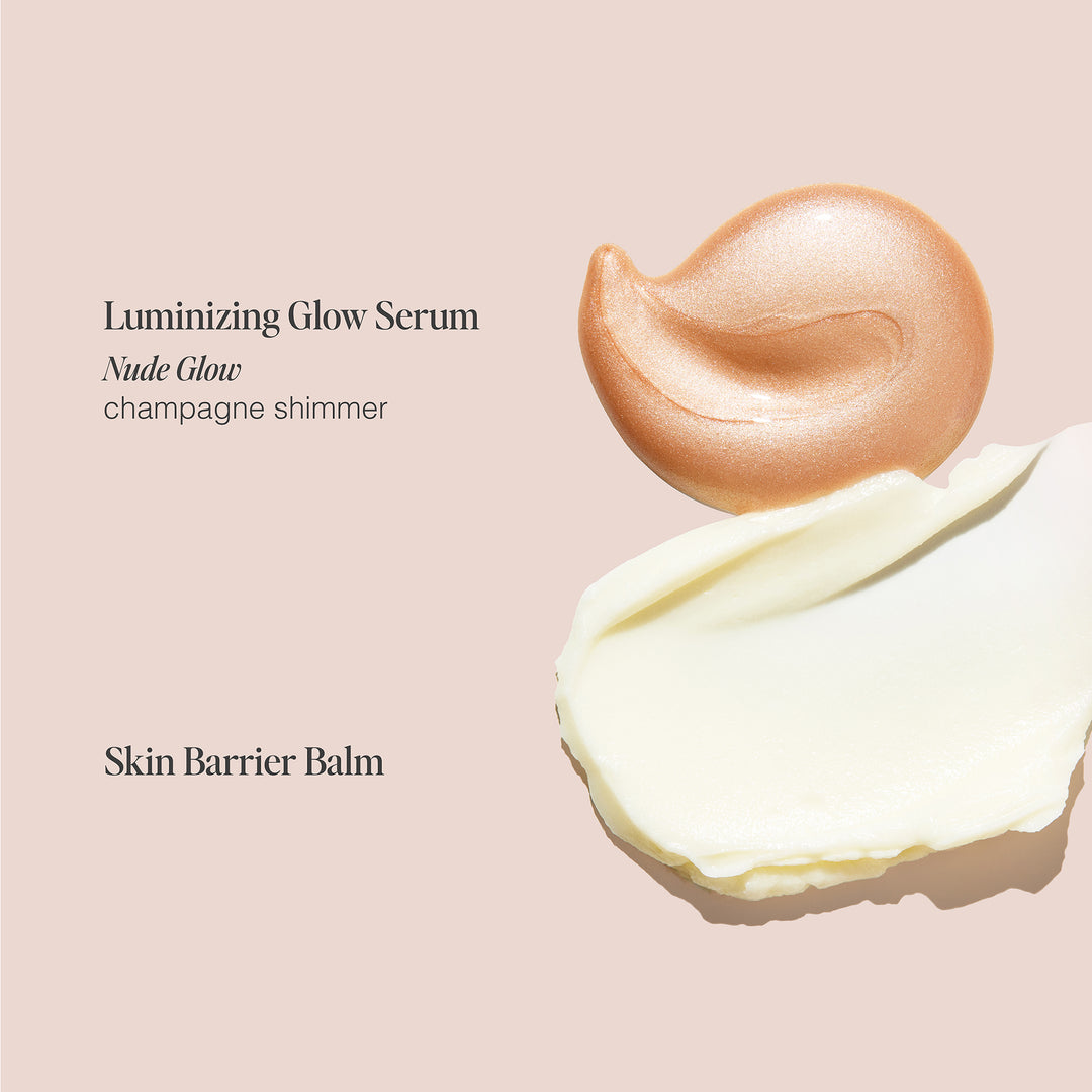 Hyaluronic serum for face in champagne shimmer and vegan skin barrier cream shown in texture swatches on soft pink background.
