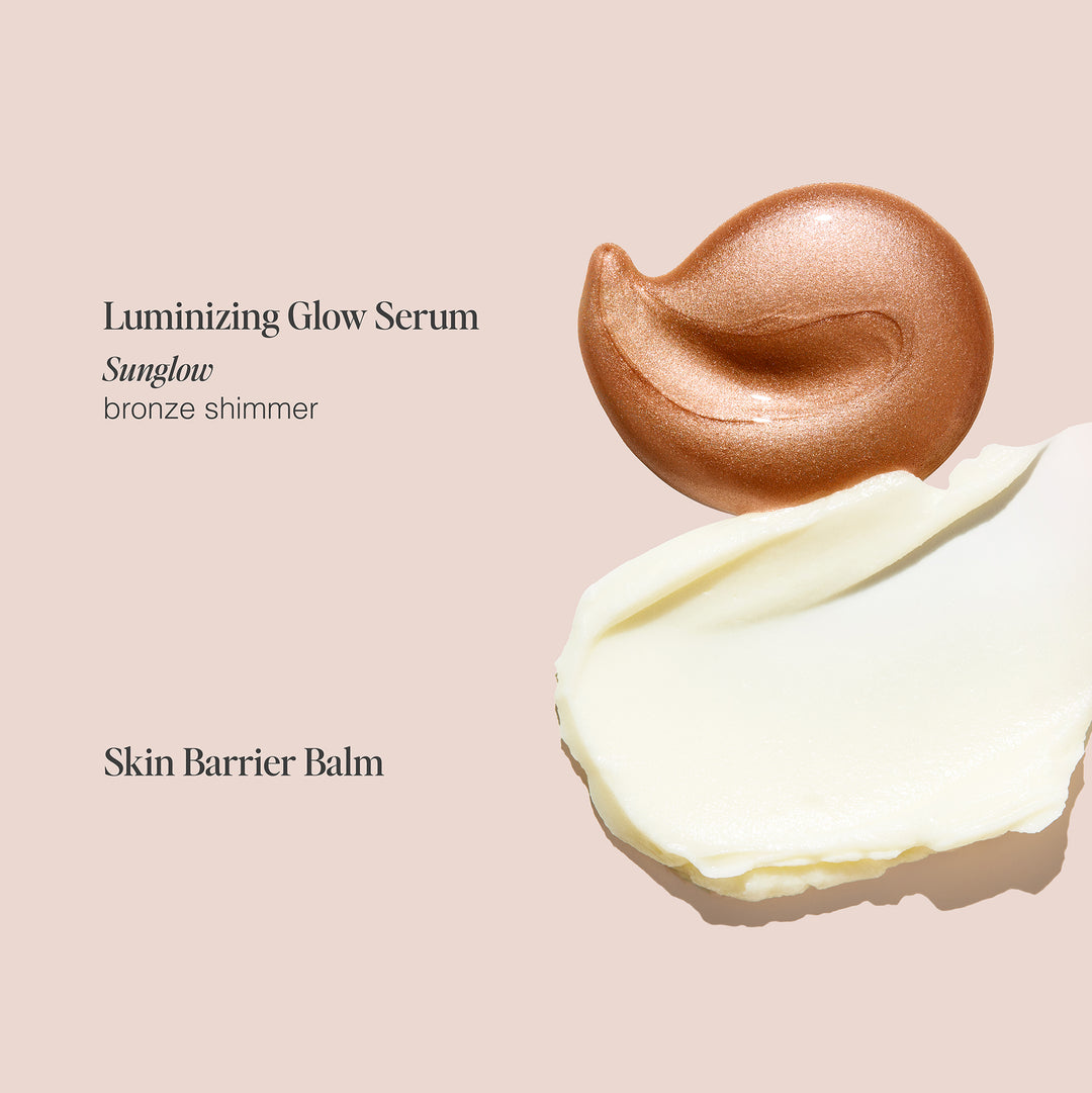 Hyaluronic serum for face in champagne shimmer and vegan skin barrier cream shown in texture swatches on soft pink background.