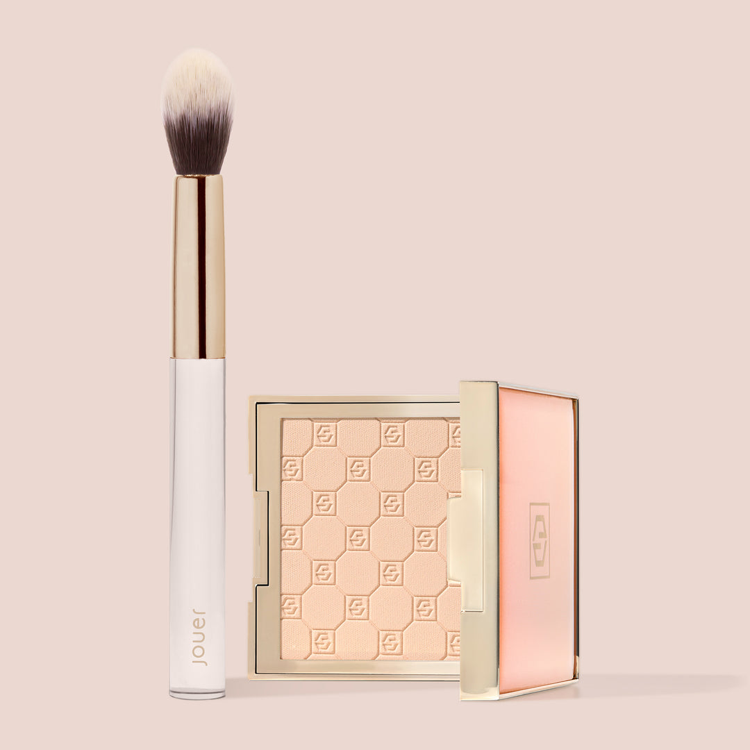 Jouer Precision Brightening Set in Peach with the gold-embossed powder compact and Jouer tapered highlighting brush.