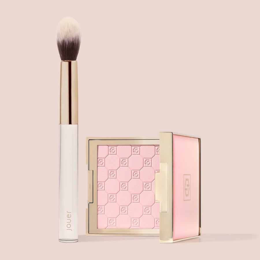 Jouer Precision Brightening Set in Pink featuring the embossed powder compact and Jouer-branded tapered brush.