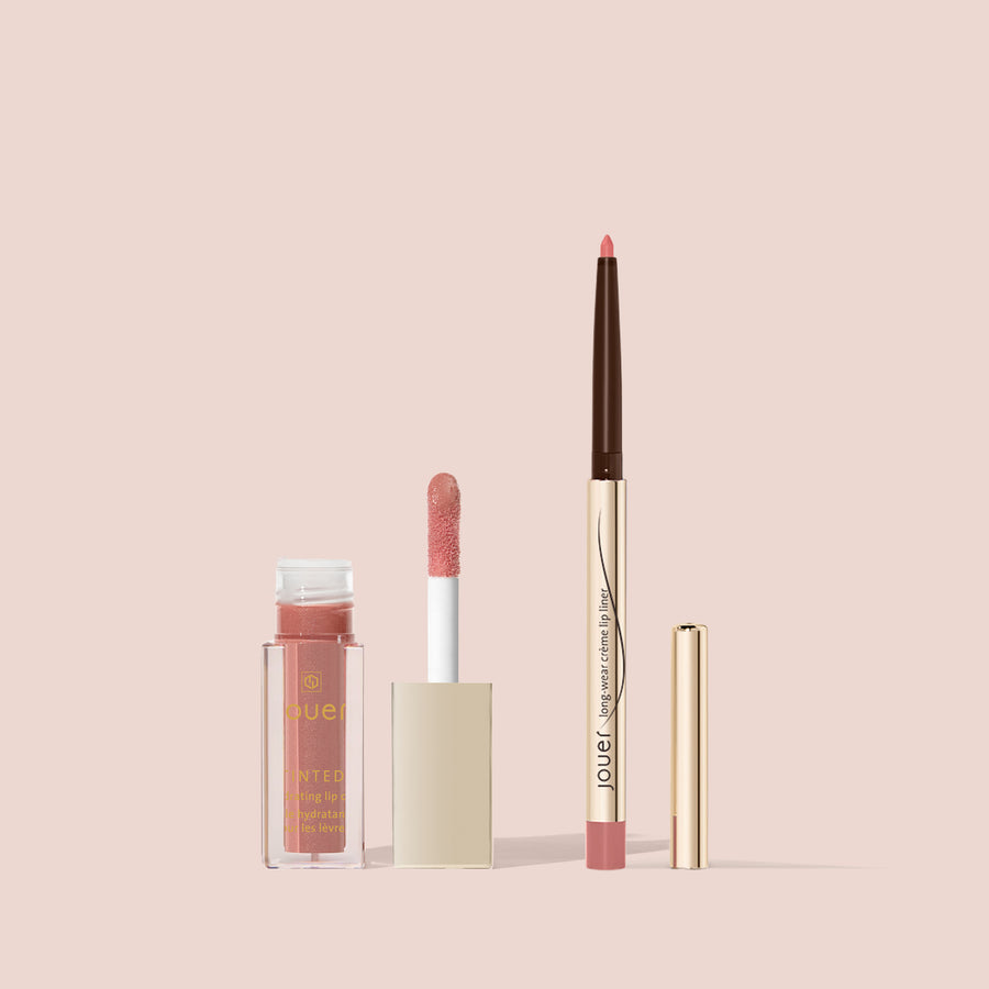 Jouer Any Day Lip Duo featuring the Tinted Hydrating Lip Oil and Long-Wear Crème Lip Liner in rose tones on a beige background.