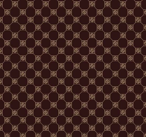 A seamless pattern featuring interlocking hexagons and octagons in light brown on a dark brown background forms a geometric, repeating design for the Complimentary Gift by Jouer Cosmetics. Each octagon encloses a stylized "G" logo in a light brown color.