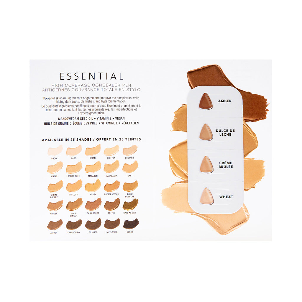 essential high coverage concealer pen sample card featuring shades wheat, creme brulee, dulce de leche and amber